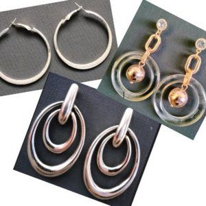 3 Pair Hoop and Dangle Earrings Silver Sparkle Rose Gold Dangle Acrylic